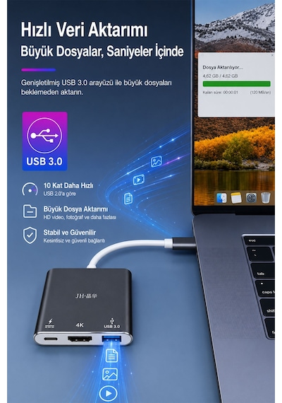 Type-c Hdmı Usb 3.0 Pd Hub Adaptör, 3ü 1 Arada Çoklayıcı, 4k Görüntü Aktarımı, 65w Pd Hızlı Şarj, Macbook Laptop Telefon Uyumlu, Alüminyum Gövde Z330
