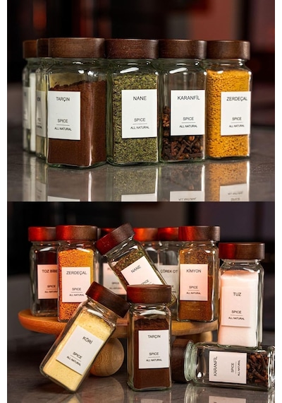12'li Bambu Ve Akasya Kapaklı Cam Baharatlık Seti 120 Ml - Doğal Ahşap Kapaklı, Şeffaf Cam, Sağlıklı Ve Şık Baharat Kavanozları Akasya Kapak Çok Renkli