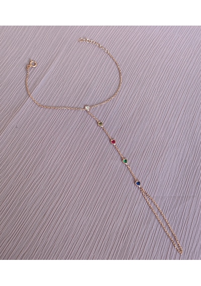 Renkli Taşlı Kalpli Gümüş Şahmeran Bileklik - Rose Renk Gold