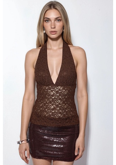 Hiccup Busem Kadın Payetli Halter Crop Bluz Kahve Kahvesi