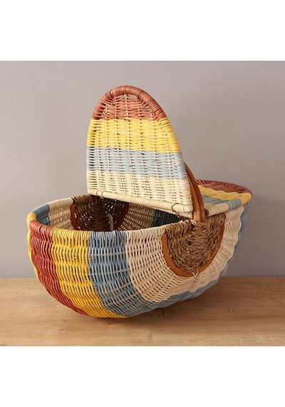 Bohem Large Boy Renkli Piknik Sepeti, Brunch Sepeti, Dekoratif Sepet, Iskandinav, Modern, Rattan