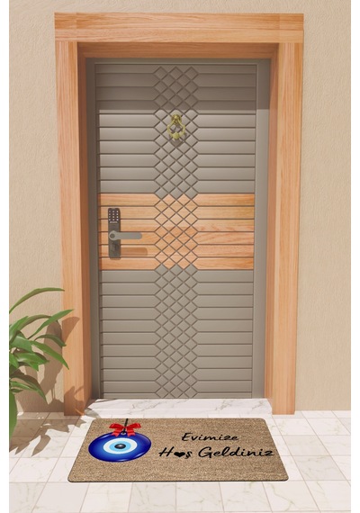 Rugmood Modern Dijtal Baskı Nazar Boncuklu Evimize Hoşgeldiniz Kapı Önü Paspası Kahverengi