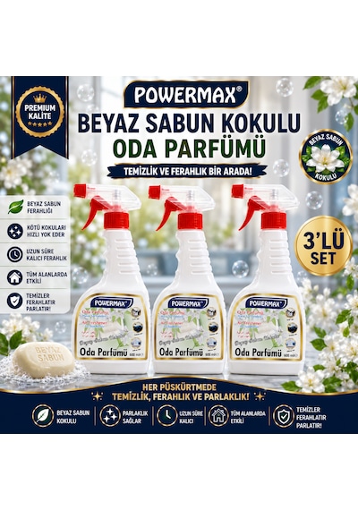 Powermax Beyaz Sabun Kokulu Oda Parfümü 600 Ml X3 Set Ortam Kokusu Uzun Süre Kalıcı Ferahlık