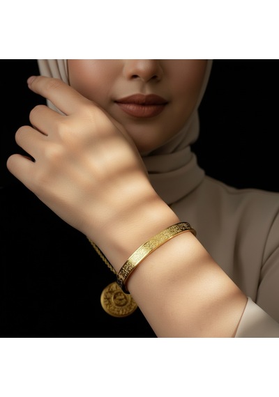 Allahlı Ayetel Kürsi Kolye Ve Ayetel Kürsi Bileklik Seti Gold Çelik İslami Takı Altın