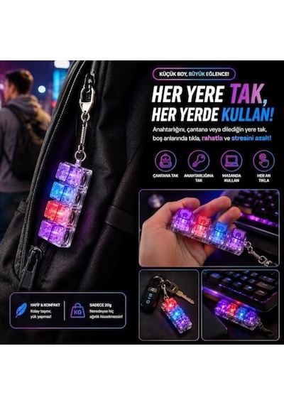 Talky Işıklı Mini Klavye Anahtarlık, Click Sesli Mekanik Switch Fidget Oyuncak,rgb Led Işıklı Stres Giderici