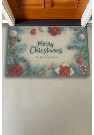 Valerine Life Tebeşir Çizimi Yılbaşı Noel Çam Ağaçlı Welcome Hoş Geldiniz Kapı Önü Paspası 45x70cm Kahverengi