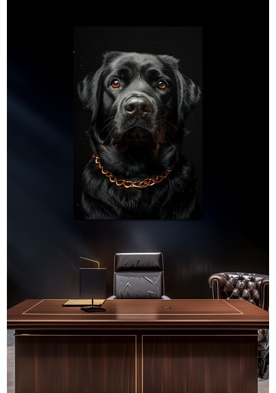 Siyah Köpek Baskılı Cam Tablo Gold Zincir Detaylı Modern Hayvan Temalı Duvar Dekoru
