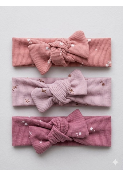 Kız Bebek 3 Lü Ribana Fiyonklu Bandana Seti - Gül Kurusu Gülkurusu