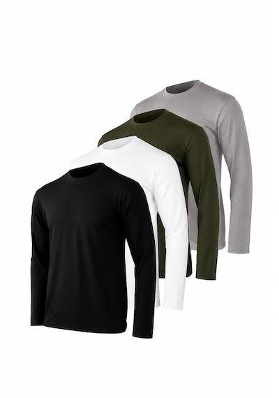 Rich Erkek Siyah-beyaz-grimelanj-haki 4'lü Paket Basic Uzun Kollu Tişört Body T-shirt Siyah