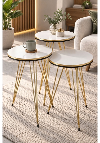 Sulorahome Beyaz Ve Gold Detaylı Üçlü Zigon Sehpa Takımı Beyaz - Altın