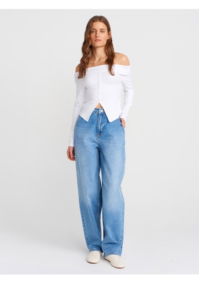 Dilvin 31400 Omuzları Açık Düğmeli Top-beyaz Beyaz
