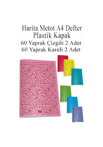 Defter Plastik Kapak A4 60 Yaprak Çizgili 2 Adet Ve 60 Yaprak Kareli 2 Adet Harita Metod Defter Çok Renkli