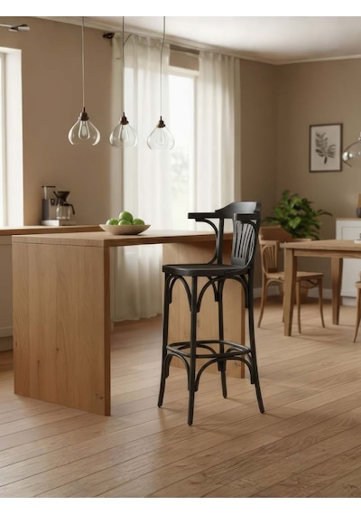 Thonet Kolçaklı Ahşap Bar Sandalyesi Siyah