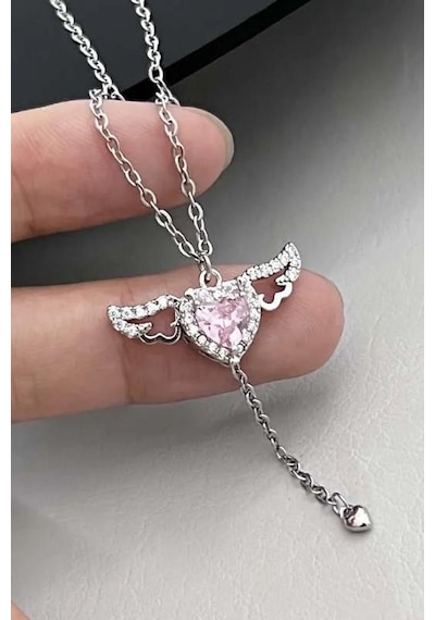 Hareketli Kanatlı Kalpli Pembe Taşlı Kadın Çelik Kolye Eck49b Gümüş