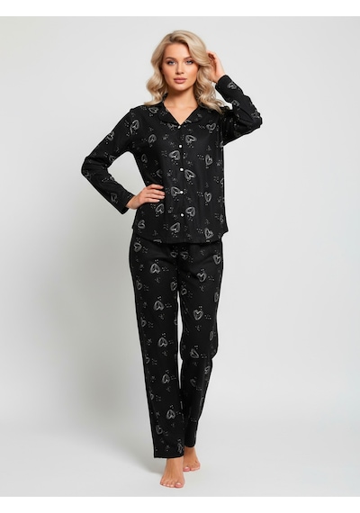Süet Gömlek Pijama Takımı 7002 Kalp Desenli Siyah