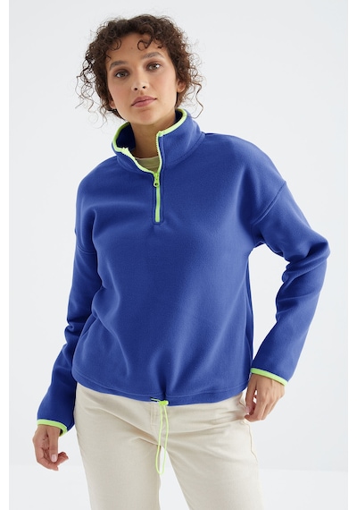 TOMMYLIFE Saks Yarım Fermuar Etek Ucu Büzgülü Dik Yaka Standart Kalıp Kadın Polar Sweatshirt - 97234