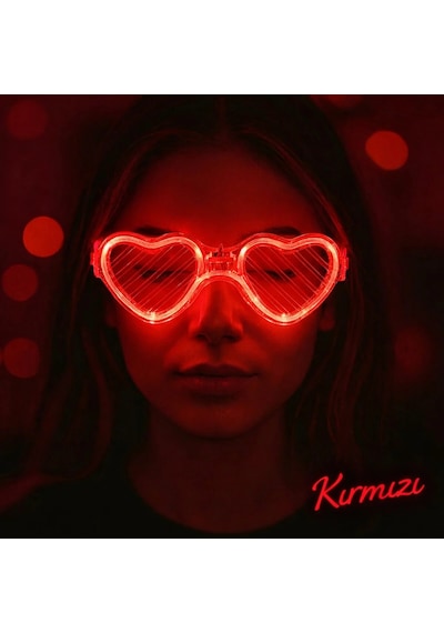 Kırmızı Led Işıklı Kalp Gözlük 3 Modlu Parti Glow Gözlüğü