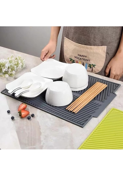 Elastik Bulaşık Matı Kokusuz Mutfak Su Tahliyesi 43x33 Cm Silikon Gri Diğer