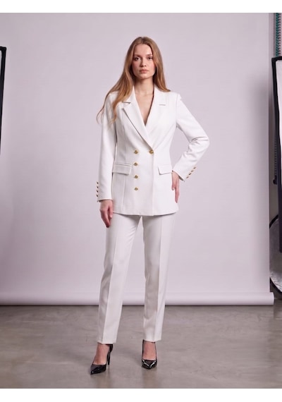 Prenses Kadın Regular Kesim Blazer Ceket Pantolon Takım Modern Trend Zamansız Beyaz