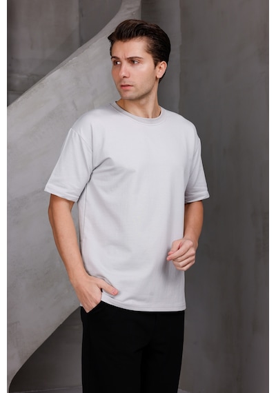Erkek Basic Oversize Bisiklet Yaka 2 İki İplik Kompakt T-shirt Ekru