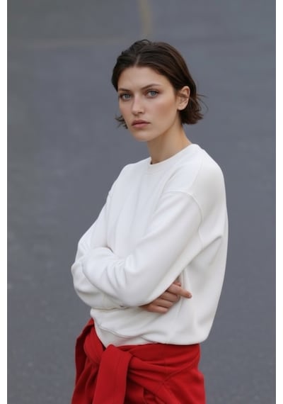 Feg Store Kadın Bisiklet Yaka Beyaz Oversize Sweatshirt