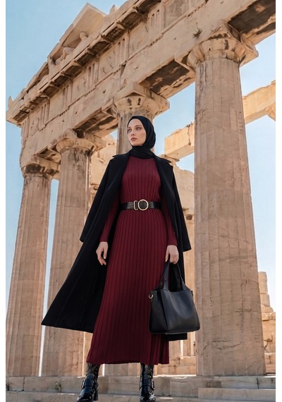 Armine Trend Kendinden Çizgili Triko Elbise Bordo 25ktd901