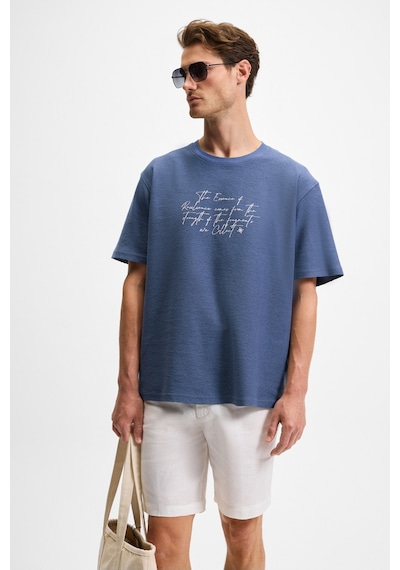 Grımelange BONDIA Erkek Baskı Detaylı %100 Organik Pamuk Oversize Fit Bisiklet Yakalı Kısa Kollu İndigo T-Shirt
