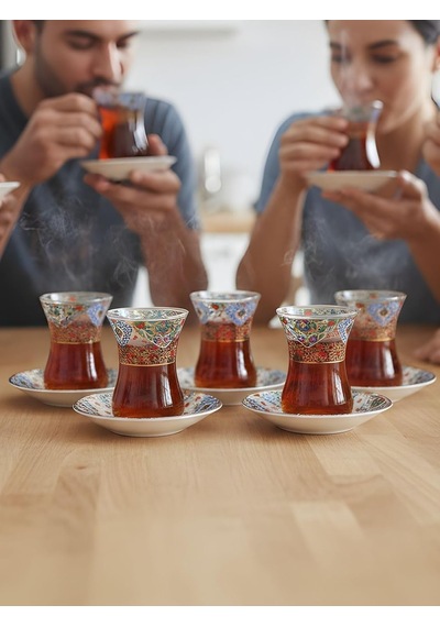 Topkapı 6 Kişilik Çay Seti, French Press Hediyeli, 9 Farklı Osmanlı Desenli Çay Bardağı Takımı 6, Topkapı Kır Diğer