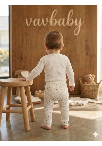 Vavbaby 2li Desenli %100 Pamuklu Kız Bebek Body Pantolon Takım-lale Krem