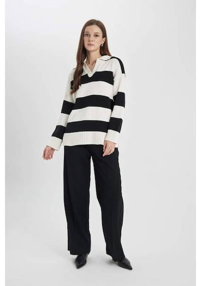 DeFacto Regular Fit Polo Yaka Çizgili Triko Kazak Tunik B8370AX24SPER133 Ekru