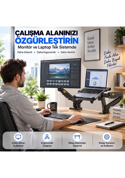 Luve Store Nb F160+fp Gazlı Çift Kollu Monitör Laptop Standı 17-30 İnç Ekran 10-17 İnç Notebook Vesa Uyumlu