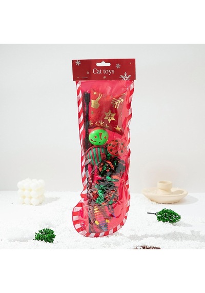 Yılbaşı Temalı Kedi Oyuncak Seti 8 Parça Zilli Ve Hışırtılı Toplar, İpli Fareler, Peluş Noel Yastığı