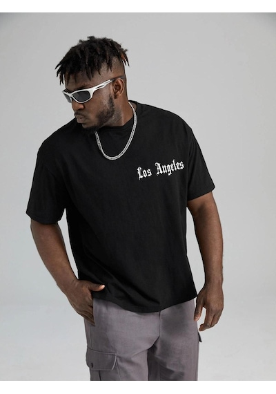 Erkek Siyah Oversiz Los Angeles Baskılı Örme T-shirt Siyah