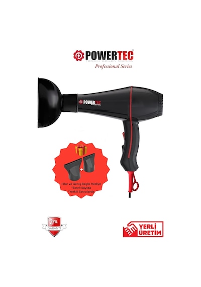 Powertec TR-601/TR-601S Turbo Profesyonel 2500 W Saç Kurutma Makinesi + Vigo Başlık Siyah