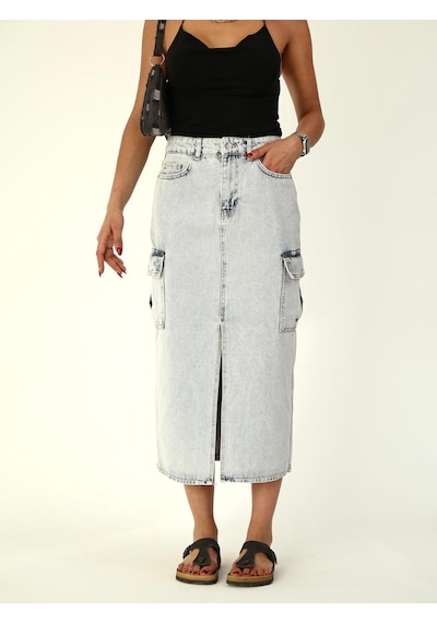 Zeo Basic Kargo Cep Detaylı Yırtmaçlı Maxi Denim Etek Mavi