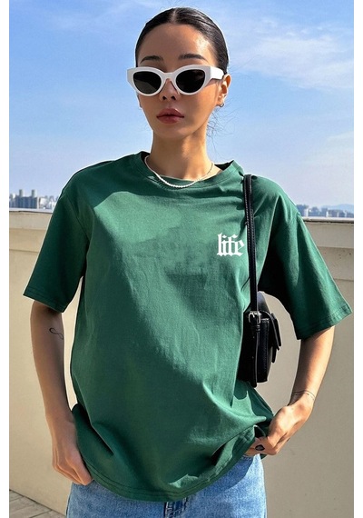 Unisex Life Baskılı T-shirt Yeşil