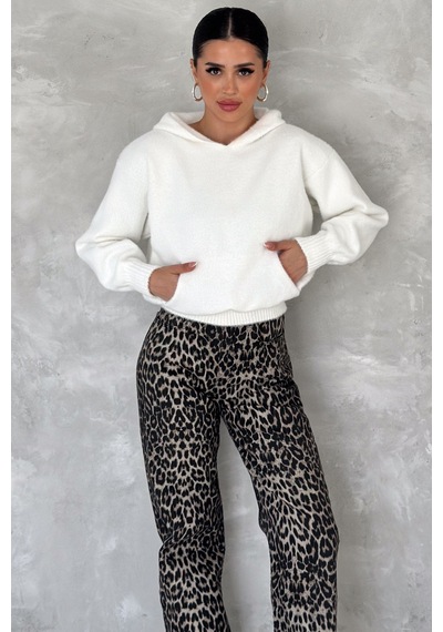 Femelle Kadın Beyaz Standart Beden Kapüşonlu Peluş Triko Sweatshirt