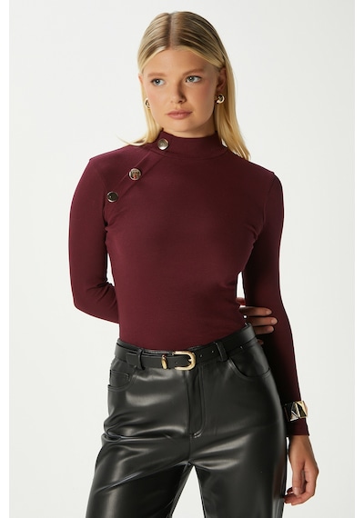 Ritnice Kadın Gloria Gold Düğmeli Uzun Kollu Bordo Fitilli Pamuk Bluz Bordo