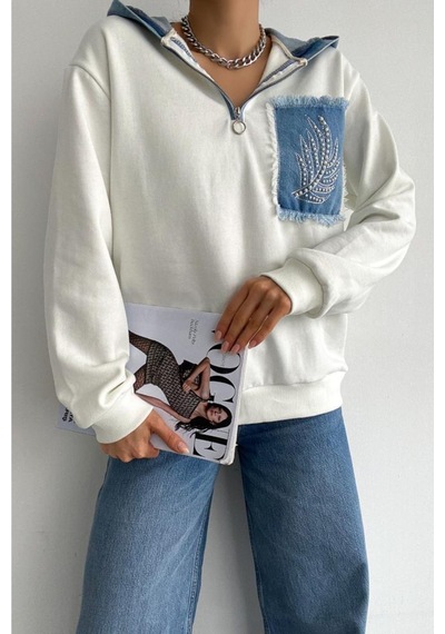 Femelle Kadın Yeni Sezon Inci Zımbalı Kot Detaylı Kapüşonlu Oversize Sweatshirt Ekru