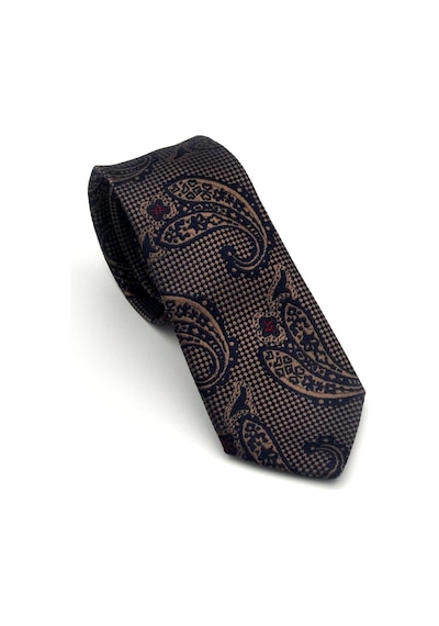 Gaffy Kahverengi Şal Desenli Lacivert Dokuma Kumaş Mendilli Slim Fit Kravat // Sdk-2606-2 Lacivert
