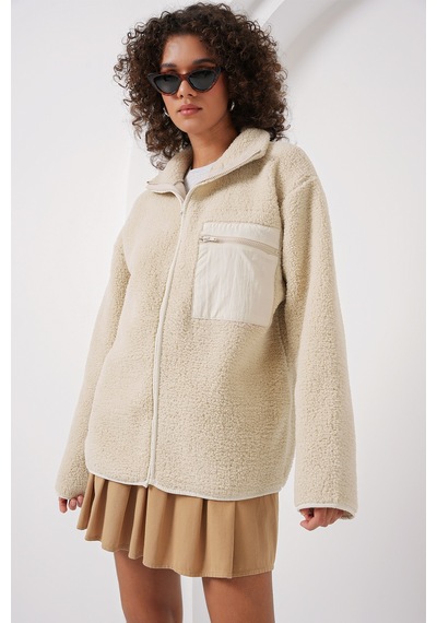 Bigdart 55446 Fermuarlı Oversize Peluş Ceket - Bej