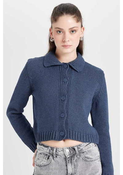 Defacto Regular Fit Polo Yaka Basic Düz Düğmeli Triko Hırka D5395AX24AUNV215 Lacivert