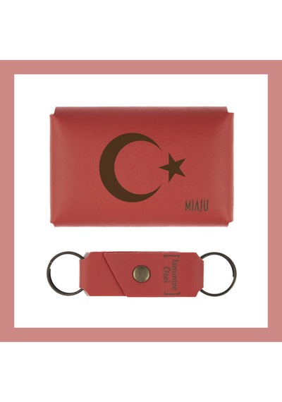 Miaju Nar Çiçeği, Ayyıldız Desenli, İsminize Özel Cüzdan Ve Anahtarlık Seti, Kişisel Hediyelik Alternatifi Nar Çiçeği