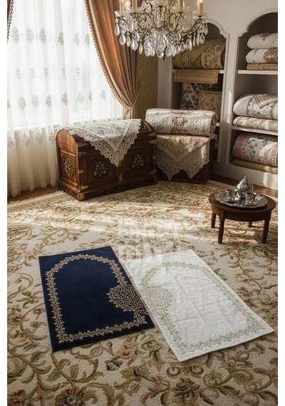 Lacivert Kalpli Eşli Çift / Gelin Damat Bohçası Çeyizlik Seccade Eko 2li Lacivert Renkli
