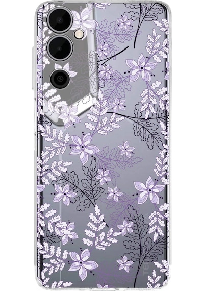 Tecno Pova Neo 2 Uyumlu Kamera Korumalı Floral Lila Tasarımlı Şeffaf Silikon Kılıf Şeffaf