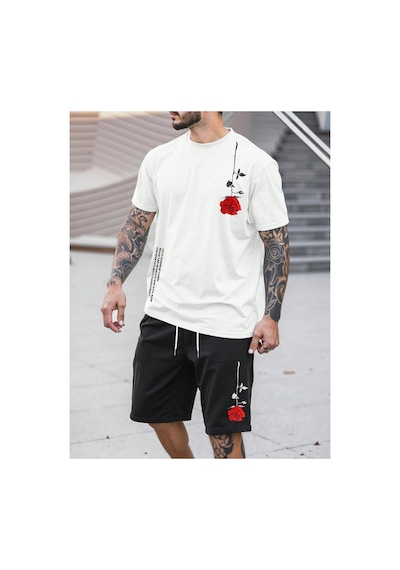 Manfinity Homme 2 Adet/takım Erkek Çiçek Desenli Tişört Ve Şort Takımı Siyah