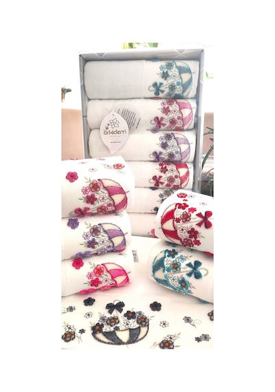 6.lı Set Annem 50x90 Cm. Özel Tafting Nakışlı Kadife Doku Çeyizlik Lüks Havlu Seti Beyaz Beyazşemsiye Beyaz