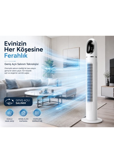 Kule Tipi Vantilatör 45 İnç, Uzaktan Kumandalı, 3 Hız Kademeli, 3 Modlu Normal/doğal/uyku , Salınımlı, Dokunmatik Kontrollü, 24 Saat Zamanlayıcılı, Beyaz