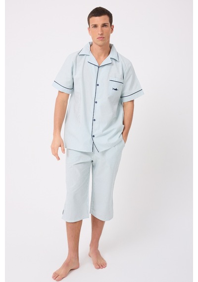 L'espadon Marısılk Seastrıpe Erkek Dokuma Yazlık Kısa Kollu Capri Pantolonlu Pijama & Lounge Takımı-3210 Nane Yeşili