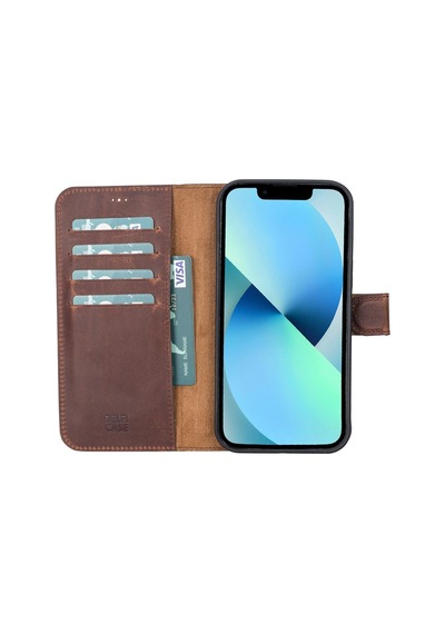 Apple Uyumlu iPhone 13 Pro Max Deri Cüzdanlı Kılıf Antik Kahve
